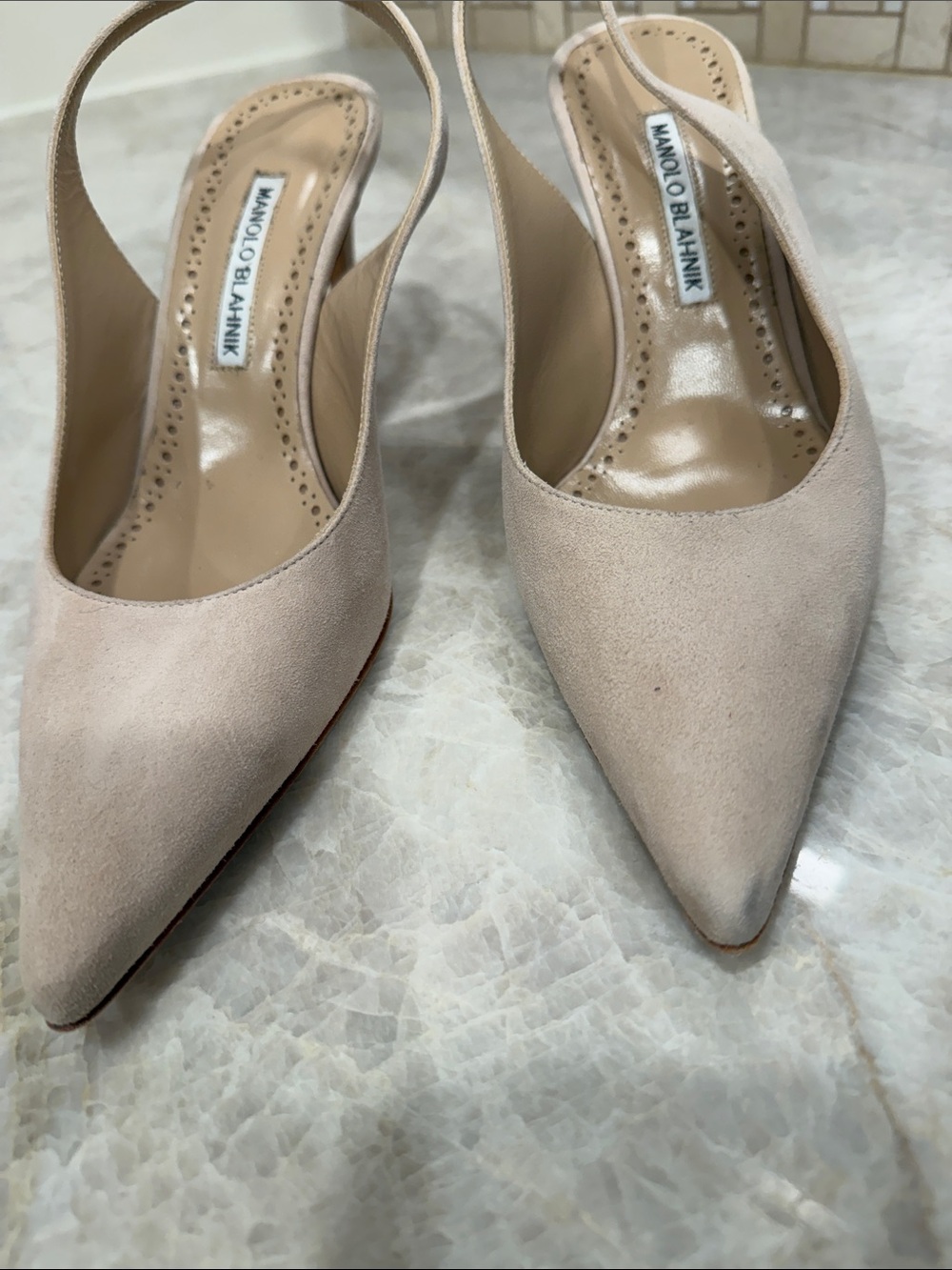 Manolo Blahnik Blush Nude Suede Pointed-Toe Slingback Pumps.  Little scuffing